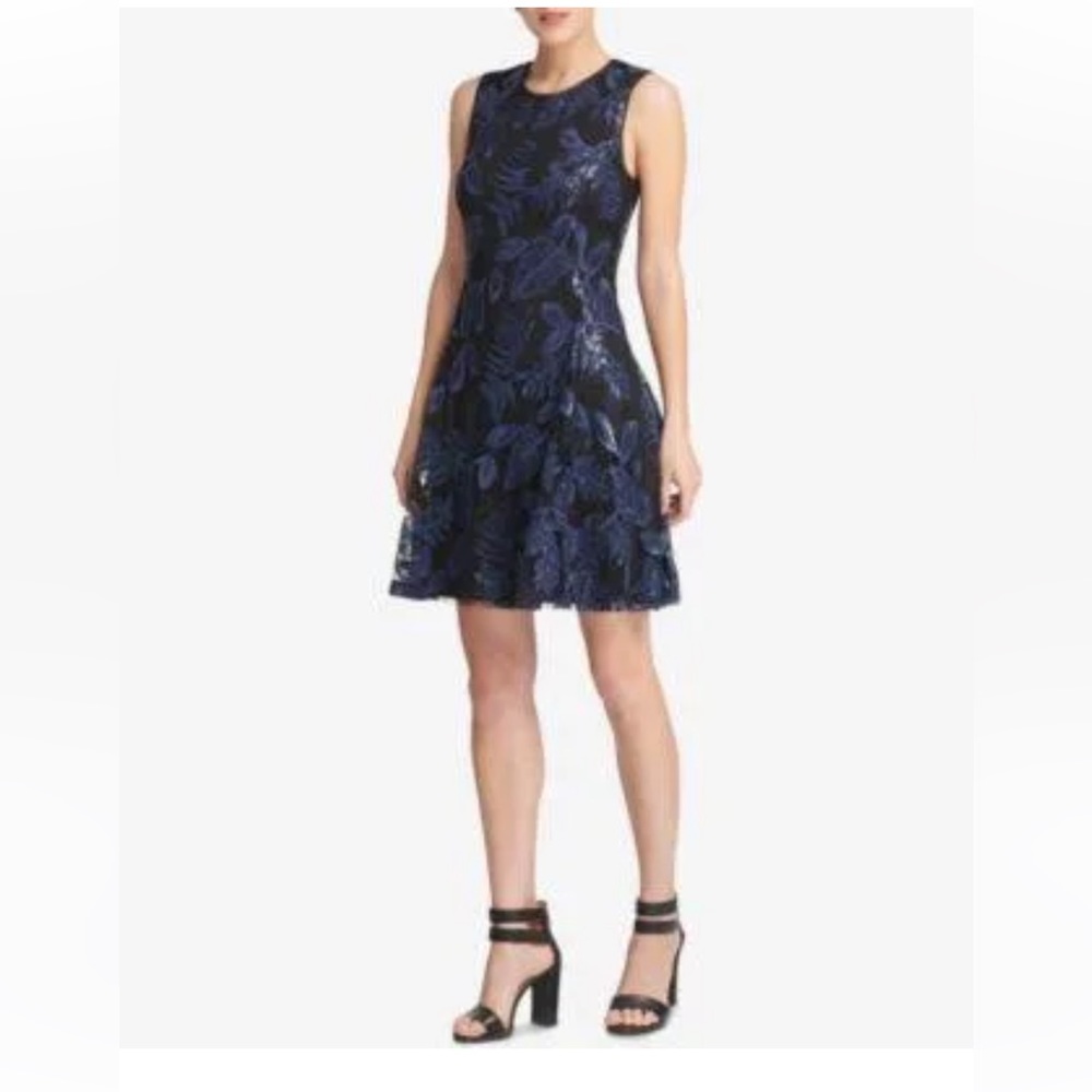Like New DKNY Gorgeous Blue Stained Glass Floral Design Over Black Dress